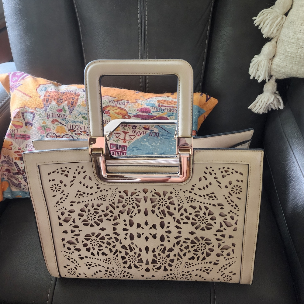 Chic Beige Tote with Floral Cutout Design